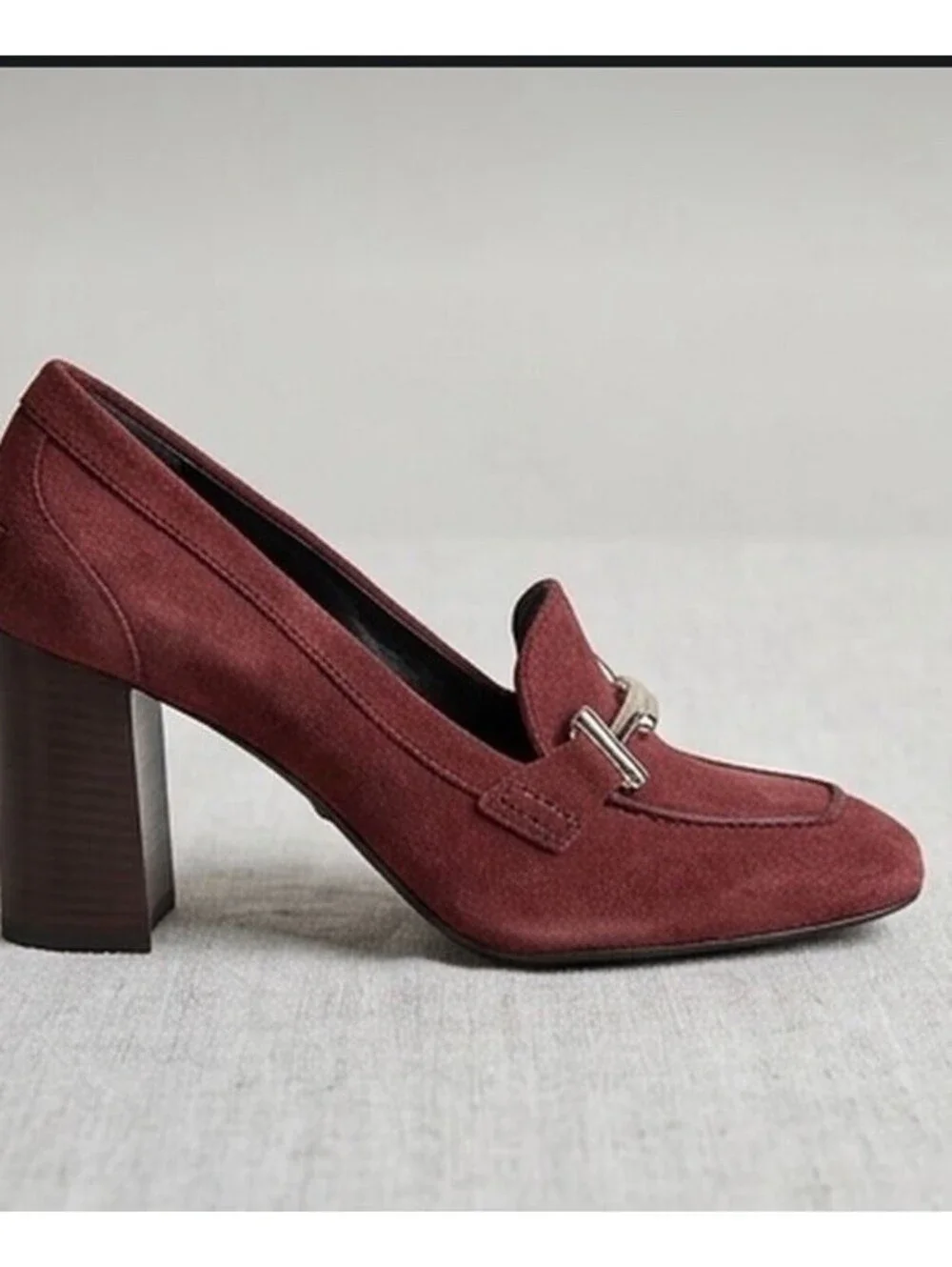 Tod's T Timeless Suede Heeled Loafers Burgundy Gold T Hardware Womens Sz 8